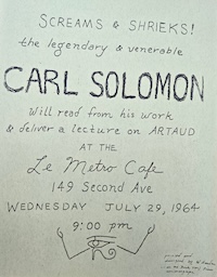 Handbill announcing reading of Carl Solomon (including a lecture on Artaud) at Le Metro Cafe on July 29, 1964